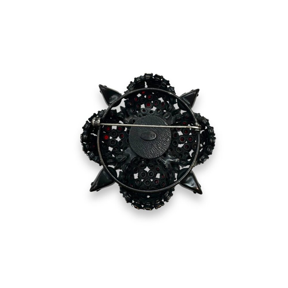Vintage Warner Red Crystal Flower Brooch Pin Japanned Metal 2.5" Diameter - Picture 3 of 13